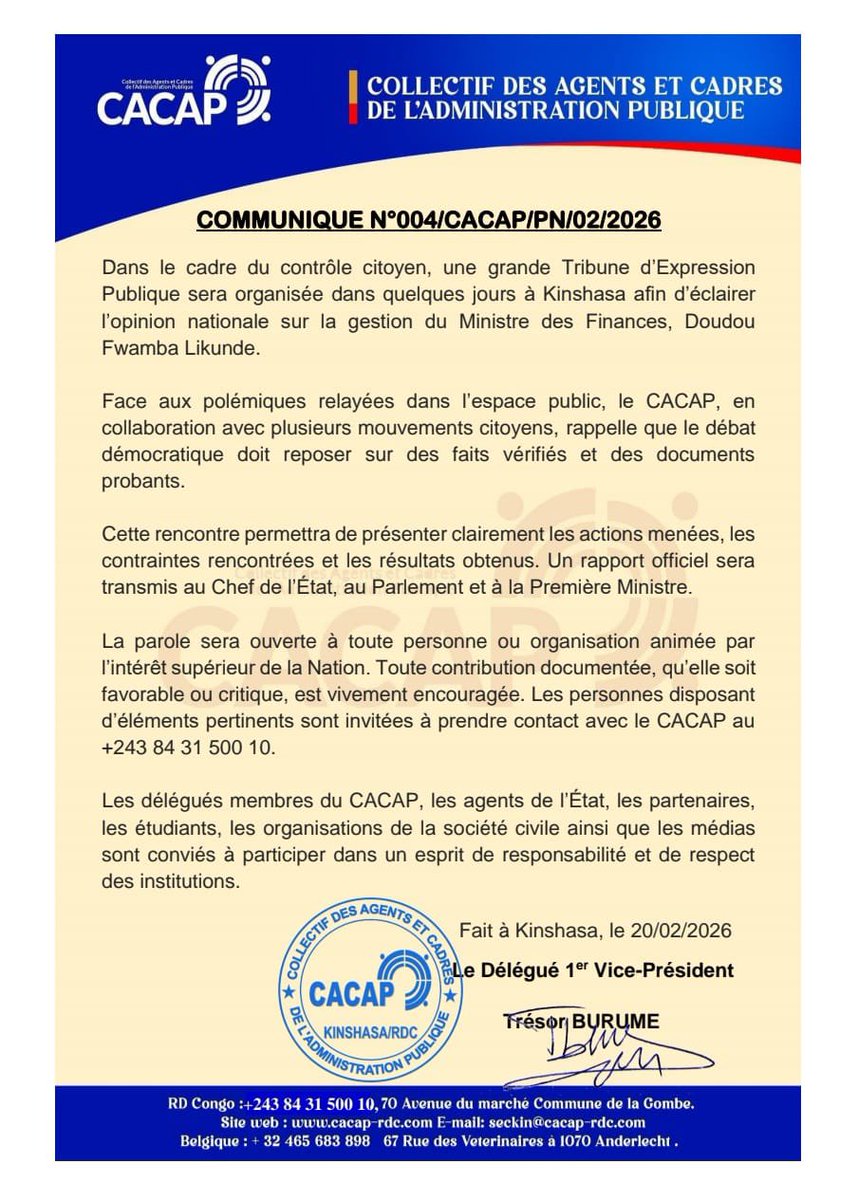 central_sage's tweet photo. COMMUNIQUÉ – CACAP
—————————————

Dans le cadre de sa mission de promotion du contrôle citoyen et du dialogue démocratique, le CACAP annonce l’organisation prochaine d’une Grande Tribune d’Expression Publique à Kinshasa.

Cette rencontre s’inscrit dans une dynamique républicaine visant à accompagner et à valoriser les efforts entrepris par le Ministre des Finances @LikundeR dans la conduite des réformes et la consolidation de la gestion des finances publiques.

📌 Elle constituera un cadre d’échange constructif permettant de mieux faire connaître les avancées réalisées, d’examiner les défis structurels du secteur et de formuler, le cas échéant, des recommandations pour renforcer davantage la bonne gouvernance.

📄 Un rapport synthèse sera vulgarisé et transmis aux institutions compétentes.

📞 Contributions : +243 84 31 500 10

#CACAP #ContrôleCitoyen #BonneGouvernance #RDC #Kinshasa @LikundeR