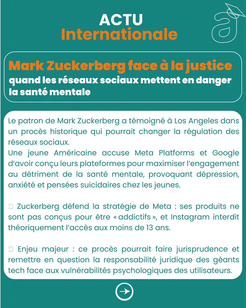 RASA_ESCA's tweet photo. 🟠 NEW RASA #3 | Tech Afrique &amp; Monde 🌍

2️⃣ ⚖️ Mark Zuckerberg face à la justice :
 Meta accusée de plateformes « addictives » pour les jeunes.
Santé mentale vs engagement numérique.
3️⃣ 📶 Internet mobile : 8 pays africains dans le top 2025.
Le Maroc en tête. https://t.co/LNnzhkBhXa