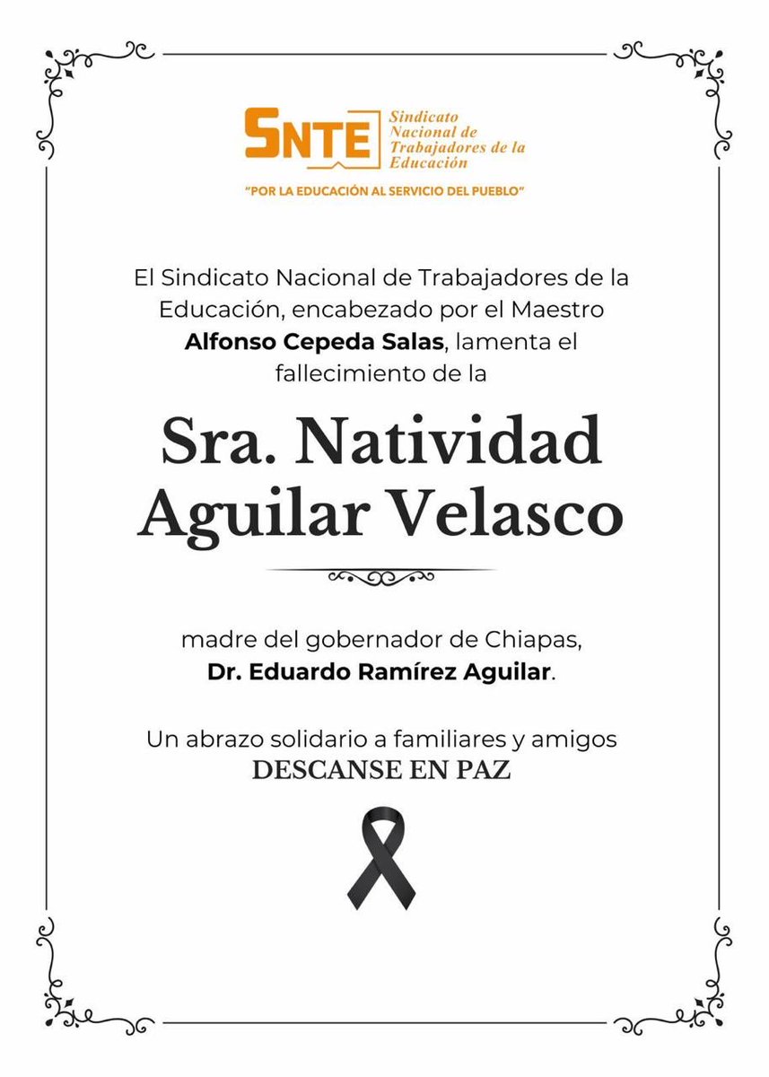✝️Lamentamos el fallecimiento de la señora Natividad Aguilar Velasco, madre del gobernador de #Chiapas, Dr. <a href="/ramirezlalo_/">Eduardo Ramírez</a>. Nuestras más sentidas condolencias.🕊️