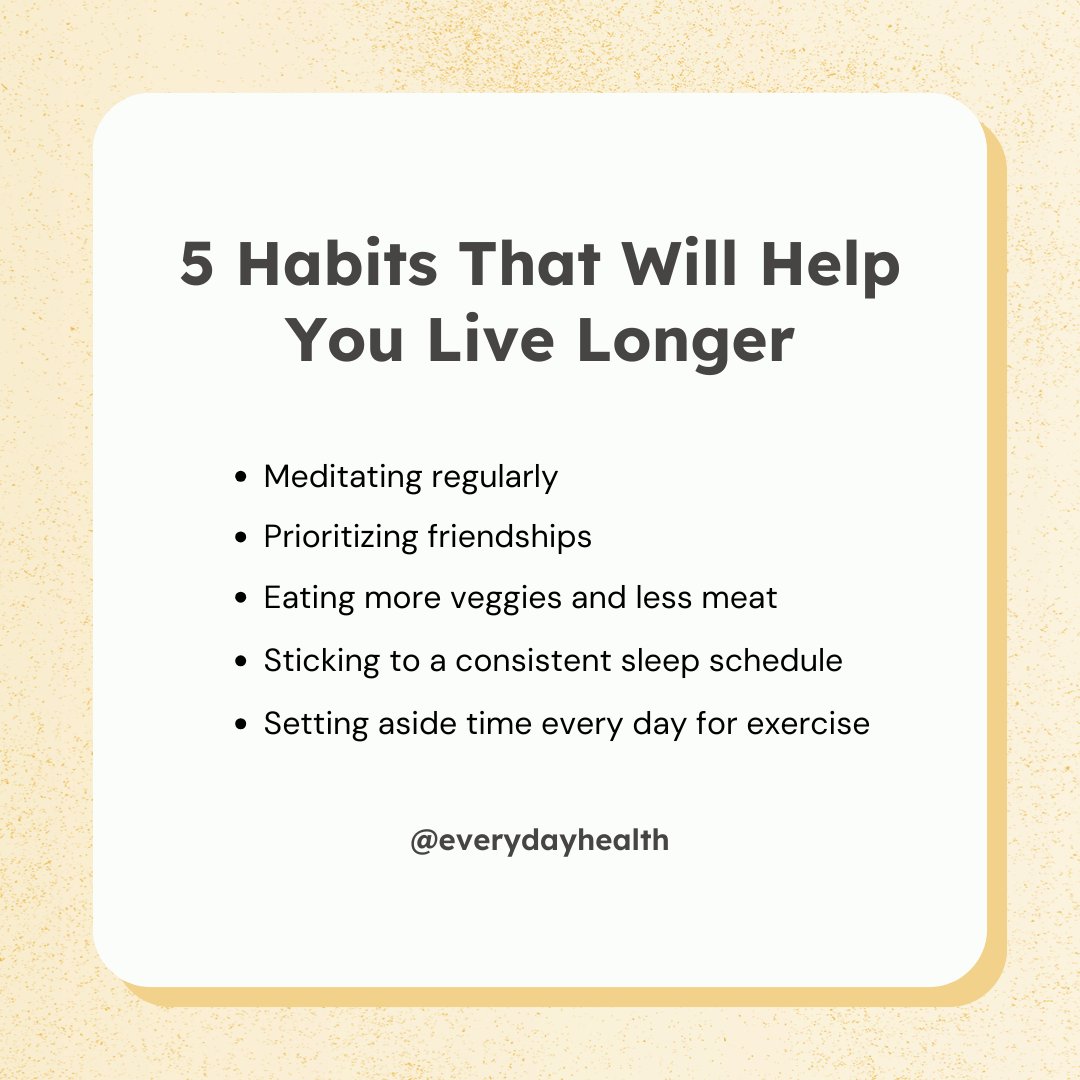 EverydayHealth's tweet image. Everything from what you eat to whom you spend time with can influence how long you live. Check out more habits that can increase your #lifespan here: bit.ly/3TQvnyp