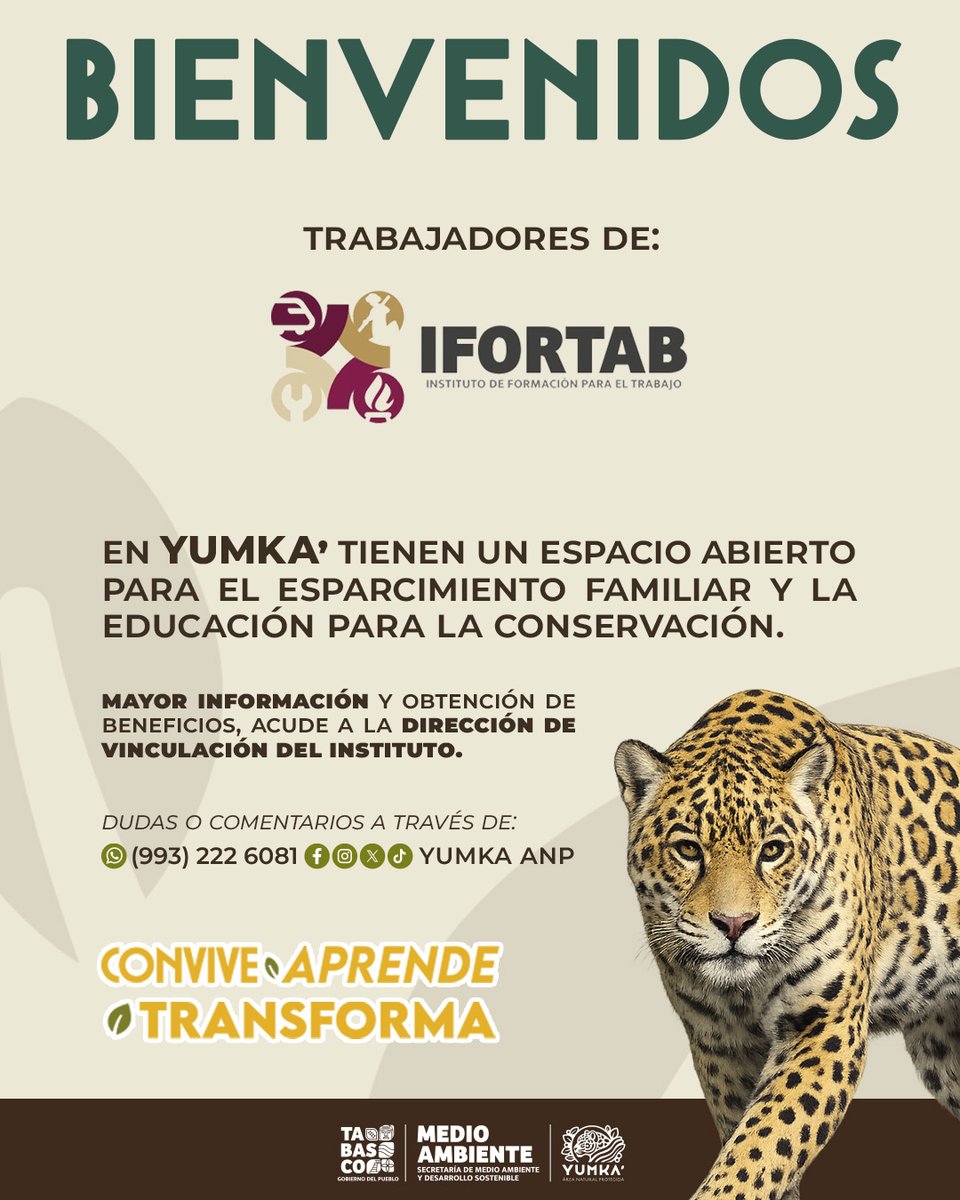 ¡Bienvenidos, trabajadores de IFORTAB! 🐾✨

En YUMKA’ tienen un espacio abierto para el esparcimiento familiar y la educación para la conservación.

Para mayor información y obtención de beneficios, acude a la Dirección de Vinculación del Instituto.