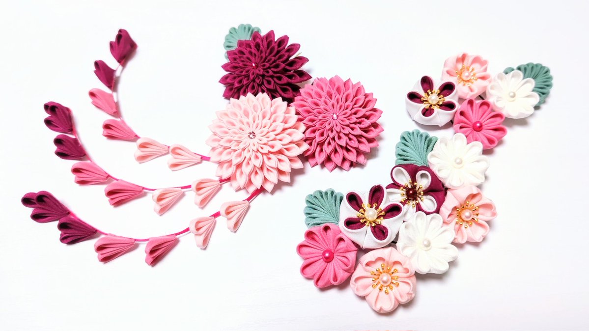 つまみ細工の髪飾り 11点セット【ピンク・赤紫・白】 - Mulan magnolia