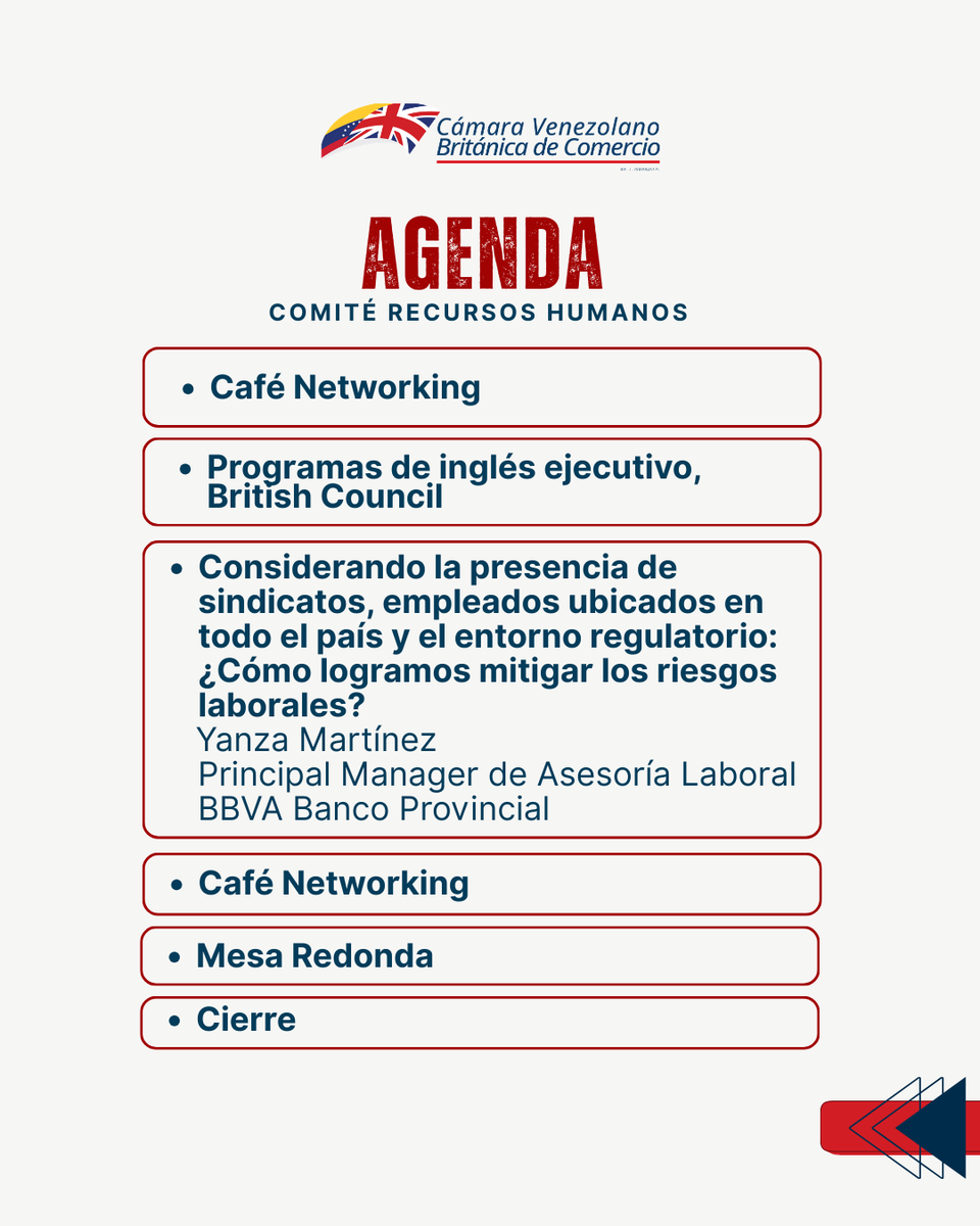 britchamve's tweet photo. Los invitamos al próximo encuentro del Comité de Recursos Humanos de Britchamve
Fecha: Miércoles 25 de febrero de 2026
Hora: 7:30 a.m. - 10:00 a.m.
Lugar: BBVA Banco Provincial, La Castellana
Inscripciones: eventos@britcham.com.ve
¡Los esperamos!
#britchamve #comite #miembros https://t.co/k5cpiUebx1