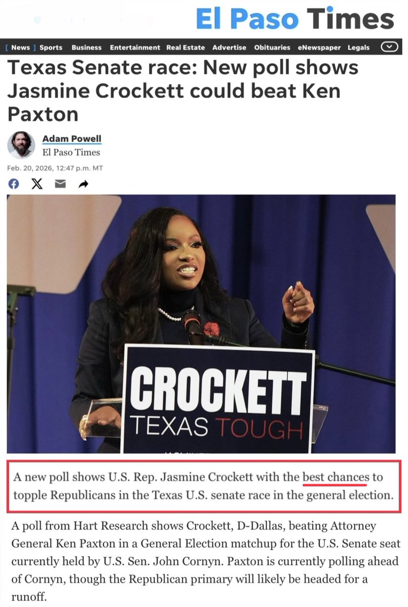 New polling says Jasmine Crockett has the best chances to beat Ken Paxton in Texas.

The “she can’t win” crowd might want to start updating their talking points because the voters know what’s up.