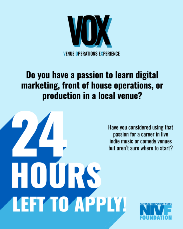 ‼️FINAL CALL FOR APPLICATIONS‼️

Have you ever wanted to work in the music industry? Do you have a passion for live music or indie venues? You have 24 hours left to submit an application for the VOX program!

🎨Graphic credit: Frankie Lander
✍️Post &amp; Copy credit: Devan Starkey