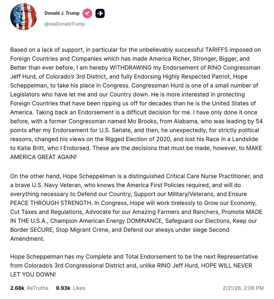 NEW: President Trump withdraws his endorsement of Rep. Jeff Hurd (R-CO) over Hurd’s vote against Trump’s tariffs. Trump shifts his endorsement to longshot GOP challenger Hope Scheppelman.