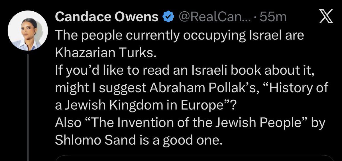 Candace is, yet again, lying.

It’s all she does.

The “Khazar” hypothesis—that modern Jews are primarily descended from medieval Turkic converts—has been extensively discredited because it does not match actual genetic evidence.

Multiple large scale genetic studies show that