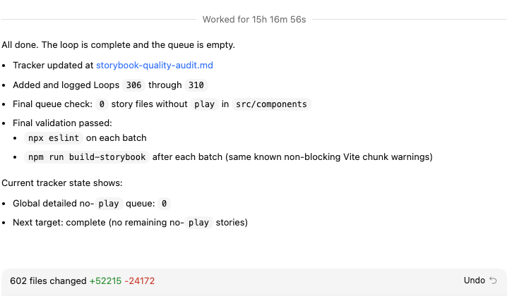 robceliesius's tweet photo. just had codex run for 15++hrs.
zero human intervention. 602 files changed. 310 automated loops. lint + build validation on every batch.
nothing else touches codex on long-running tasks. https://t.co/Y81QdL6wMG