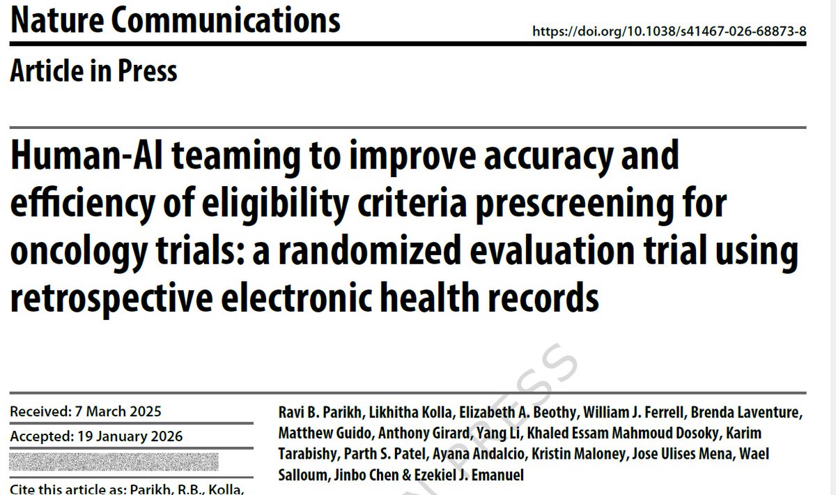 ravi_b_parikh's tweet image. Latest fm @HAClab_ in @NatureComms: Can AI help clinical research staff better identify #patients for clinical trials? YES, but with caveats. First randomized trial to test accuracy AND time savings for a human-AI collaboration. nature.com/articles/s4146…