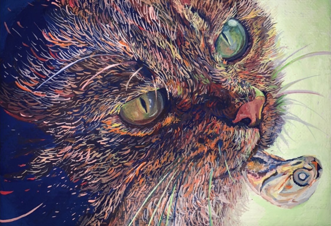 #3連休あっちこっちで作品多発警報
#ホルベイン猫の日 
#アクリルガッシュ
#アナログ画
今日は猫の日🐈

タイトル「ねらう」
おやつ食べてるのに「まだ持ってるよね」顔

ハガキサイズの作品です