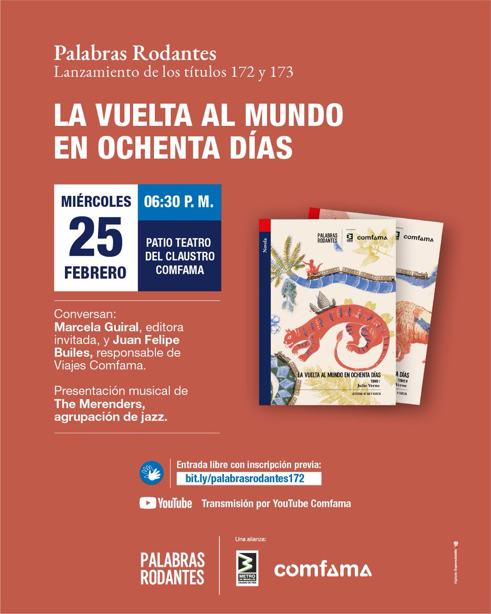 🚈 Ya viene rodando la primera edición de #PalabrasRodantes en 2026. 📖

Abrimos esta travesía en 2026 con La vuelta al mundo en ochenta días, de Julio Verne. Porque viajar no es solo desplazarse: es imaginar, descubrir, transformarse.

🎟️ Entrada libre con inscripción previa en