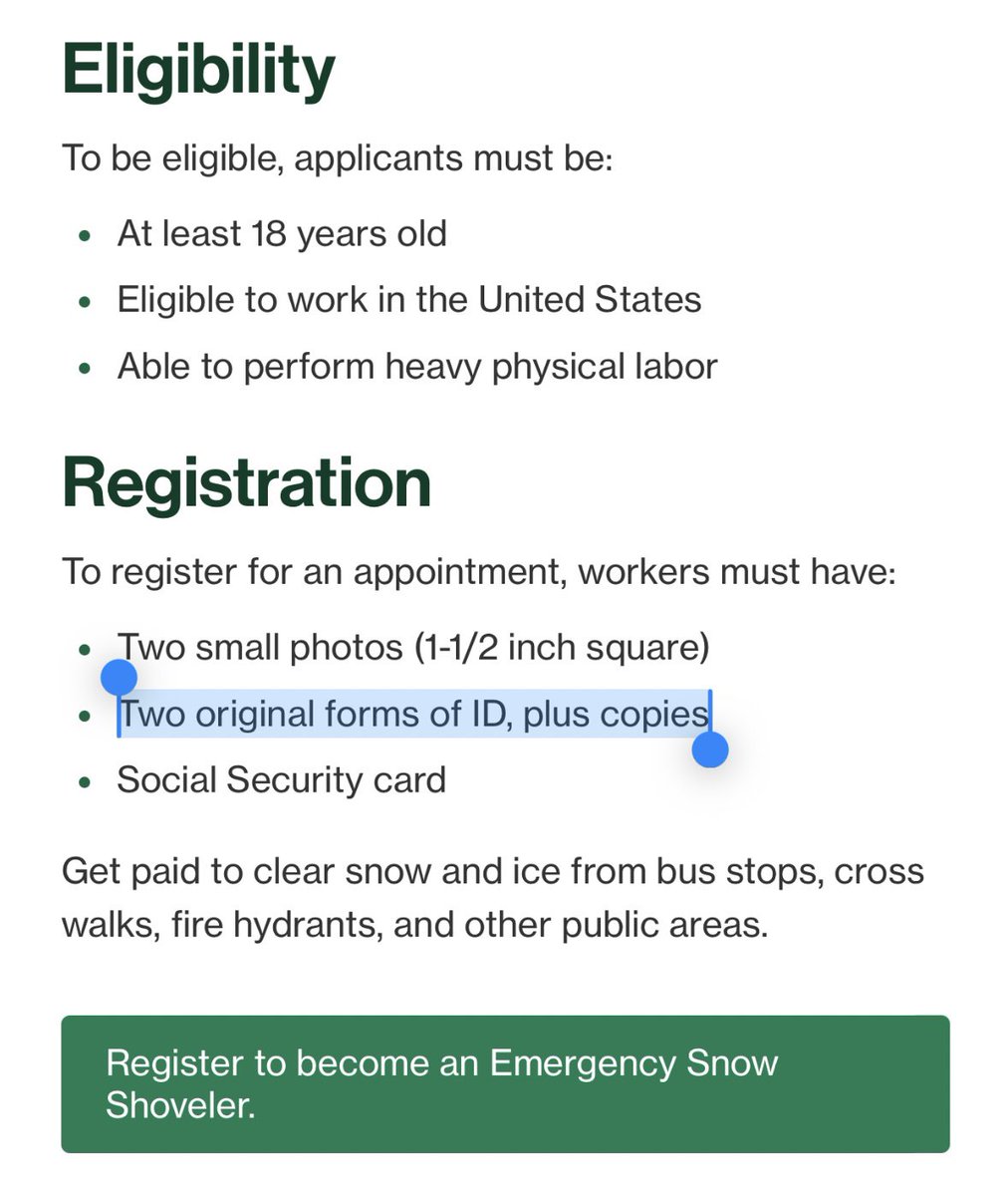 Bubblebathgirl's tweet photo. Mayor Mamdani is hiring people to shovel snow.

He’s requiring: “Two original forms of ID, plus copies.” https://t.co/e1gzd1SI1H