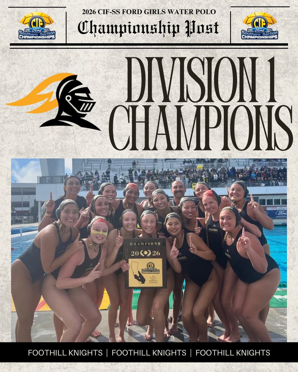 CIFSS's tweet photo. π¨ HOT OFF THE PRESS ποΈ
Introducing your 2026 CIF-SS @SoCaliFord Division 1 Girls Water Polo Champions the Foothill Knights! π€½ββοΈ
#CIFSSGWP https://t.co/9xt2pND1fW