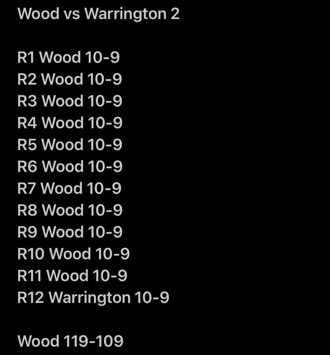 NotLukeyB's tweet photo. Wood 119-109 🥊

#WoodWarrington2 https://t.co/7PXO7Q88hI