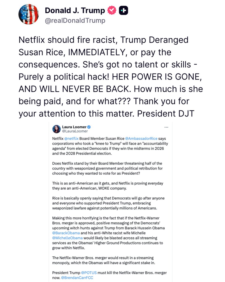 Trump demands Netflix fire “Racist” Susan Rice from their board.