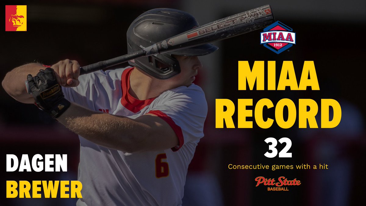PittStGorillas's tweet photo. 🚨MIAA RECORD🚨

Dagen Brewer has tied the MIAA RECORD Saturday with his 32nd consecutive game with a hit 🦍⚾️

Brewer and the Gorillas wrap up their series with the Griffons Sunday at 1 PM. https://t.co/Pcd8ruceSZ