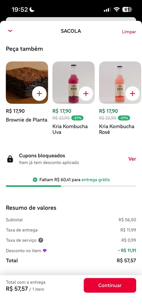 ronaaaldo's tweet photo. @iFood qual o sentido disso? Um prato de 27,79 com 2,90+13,90 de adicionais (total 44,59) e desconto quase total da entrega virar 57,57?? Não deveria ser 45,66 pelos dado do próprio aplicativo? https://t.co/N5tY711luX