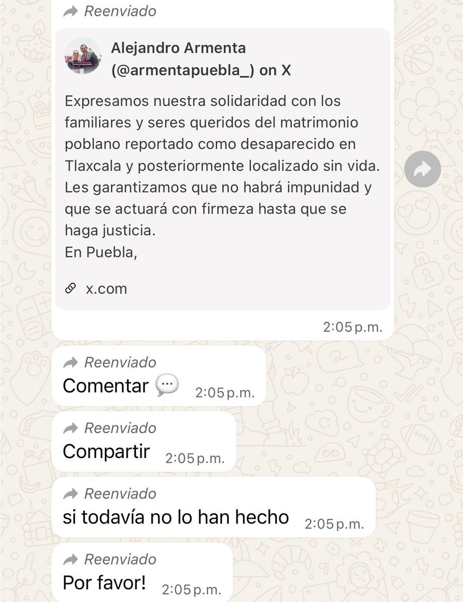 👇🏻🚨Ojos en Puebla 🇲🇽
!El cinismo! 🙄🤬😨

Baia baia baia de nuevo quieren hacer quedar bien a la administración de Armenta, en grupo de WhatsApp andan movilizando las redes para decir que todo va bien 
"Entren a comentar y ayudarnos a equilibrar la conversación digital" 

✍🏻