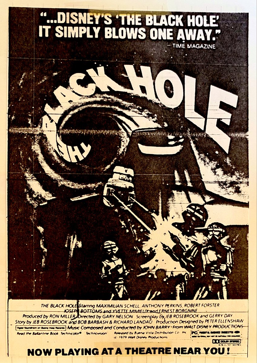 ClassicHBOGuide's tweet image. February 1981 @HBO - the science fiction film that @DisneyStudios disowned: THE BLACK HOLE - guide ad, Questar Magazine page, newspaper ads #disney #scifi #forgotten