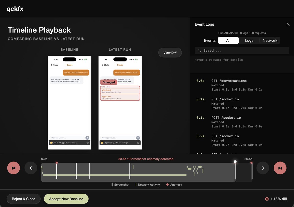 C_H_Wood's tweet photo. Had a great time showing off my iOS codex workflow featuring @xcodebuildmcp  and @qckfx_ at the Codex SF meetup @WorkOS on Thursday!

The new timeline test result viewer from qckfx was the star of the show. For any code change, it shows exactly the screenshots, network requests, and logs that changed.

Looking forward to the next event, and more exciting releases coming soon!