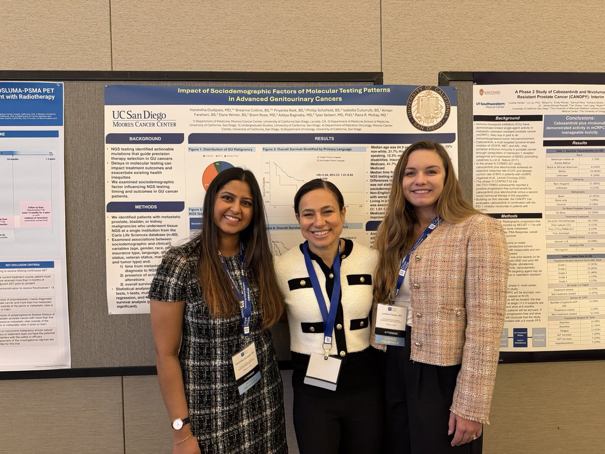 HersheyDudipala's tweet photo. Had a blast last weekend at the Annual Southern California Genitourinary Conference #SCGU26
Thanks to @DrRanaMcKay ’s mentorship, we took home 2nd and 3rd place posters! Stay tuned for extended analysis on sociodemographic factors impacting molecular testing in all cancer types https://t.co/azC9TPyhqr