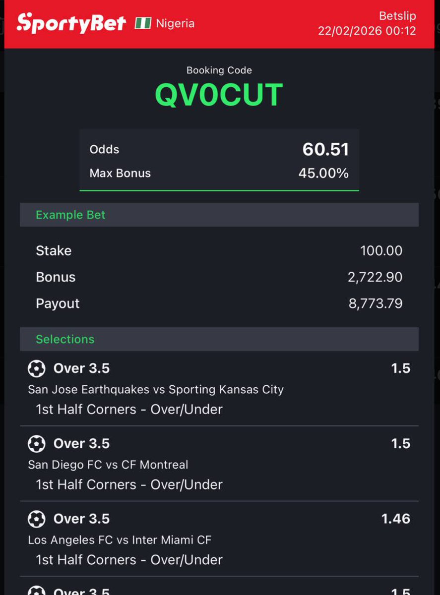 MLS 1st half corner over 3.5 

60 odd 

Code: QV0CUT