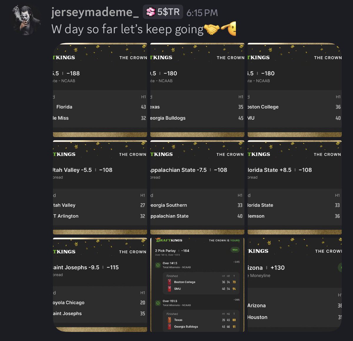 IceTrayFlameBoi's tweet photo. Our newest capper JerseyMadeMe is going absolutely insane! If you’re looking for some straight bets here is the man to tail! Be sure to join the FREE discord for all of his picks! https://t.co/jF3ILCIJNC

#GamblingTwitter #GamblingX #MarchMadness #CBB #FloridaGators #OleMissRebels #TexasLonghorns #GeorgiaBulldogs