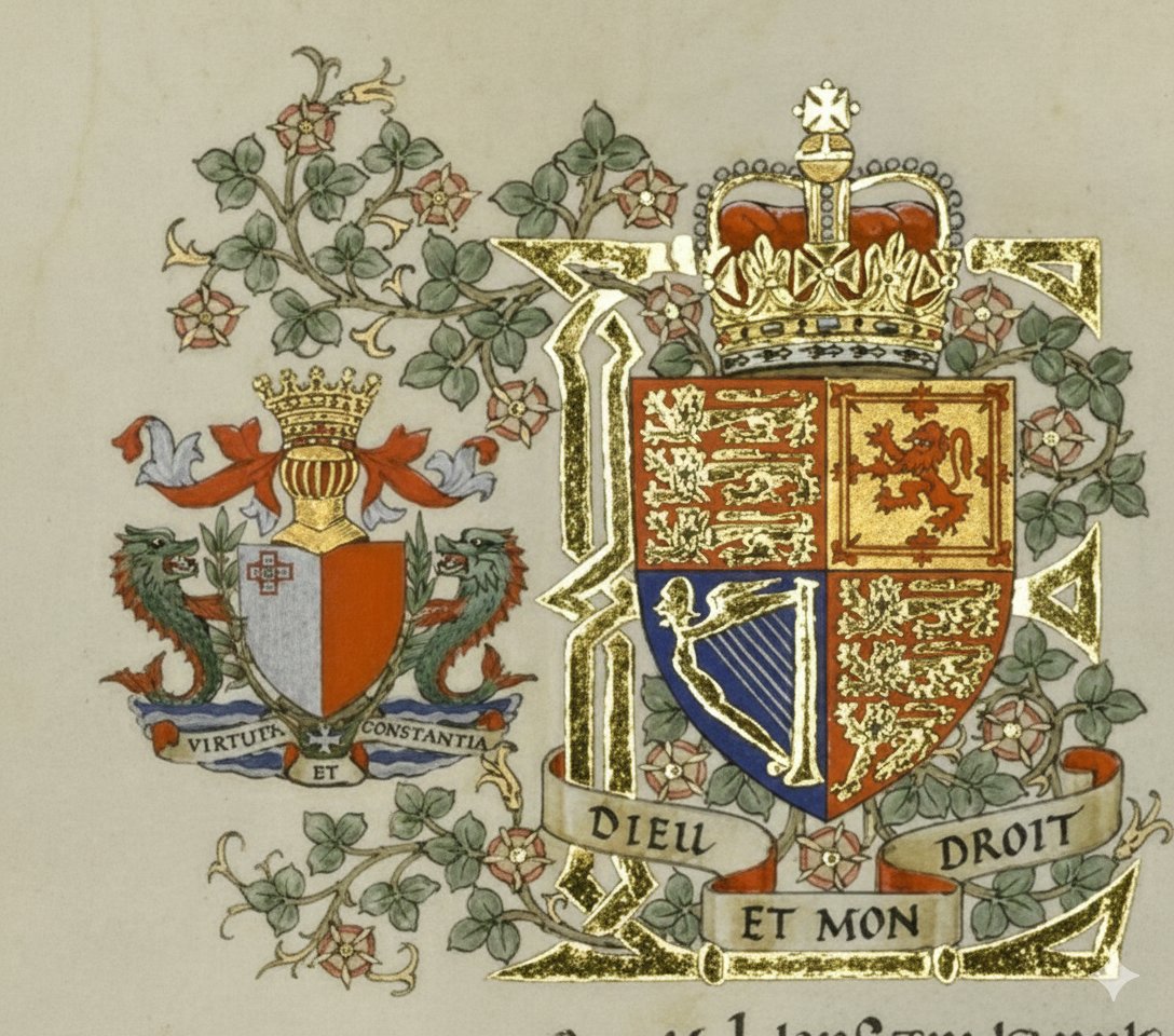 Look at the magnificent heraldic illumination at the top… makes one weep at the tragedy of British politicians rejecting Maltese integration.