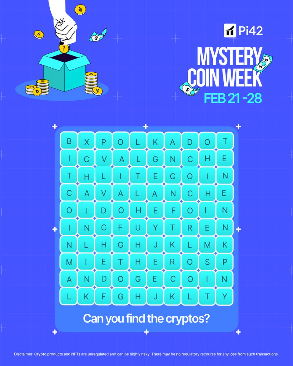 💰 $50 Giveaway | Mystery Coin Week 👀

6 cryptos are hidden in the grid, spot them all to win 🔍📊

How to enter:
• Follow <a href="/Pi42Exchange/">Pi42</a>
• Comment all 6 coins
• Tag 3 friends (must follow)

⏳ Ends 22nd Feb, 11:59 PM IST
🎁 5 lucky winners get $10 vouchers each