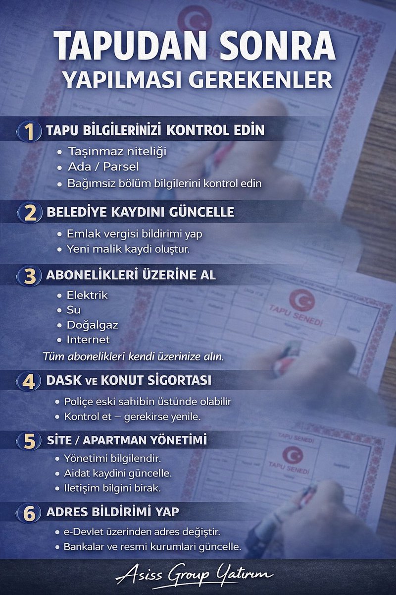 asissgroup's tweet photo. Tapudan sonra en çok unutulan işlemleri tek görselde topladık 📄  
Yeni malikler için küçük ama kritik detaylar büyük masrafı önler.

Kaydetmeyi unutmayın ✔️

#gayrimenkul #tapu #yatırım #emlak #evsahibi #asissgroup https://t.co/JFOXPbK0B7