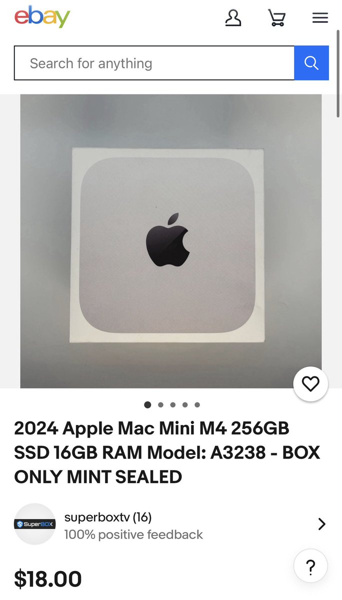monitalan's tweet photo. Can someone explain to me why Mac Mini boxes (yes, empty boxes) are selling on eBay? Here are three examples - $18 $20 &amp; $19.99 USD 👀 https://t.co/suSh1KoHQ6