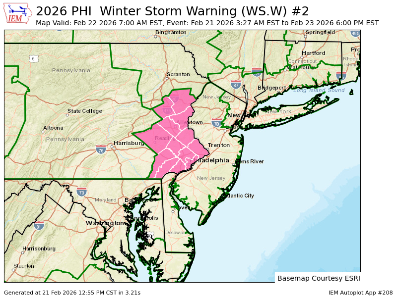 PHI continues Winter Storm Warning valid at Feb 22, 7:00 AM EST for Delaware, Eastern Chester, Eastern Montgomery, Lower Bucks, Philadelphia, Upper Bucks, Western Chester, Western Montgomery [PA] till Feb 23, 6:00 PM EST mesonet.agron.iastate.edu/vtec/f/2026-O-…
