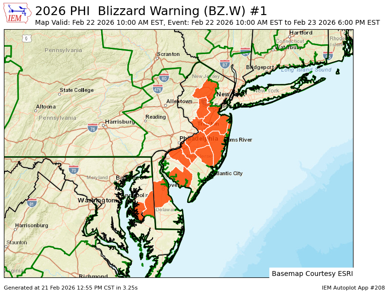 PHI upgrades Winter Storm Warning to Blizzard Warning valid at Feb 22, 10:00 AM EST for Mercer, Middlesex, Morris, Somerset [NJ] till Feb 23, 6:00 PM EST mesonet.agron.iastate.edu/vtec/f/2026-O-…