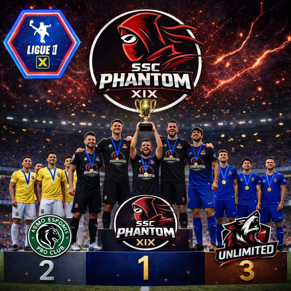 🏆✨ Félicitations aux 3 équipes qui montent sur le podium cette saison ! ✨🏆

🥇 1ère place : **SSC PHANTOM**
Une saison exceptionnelle, 👏🔥

🥈 2ème place : **ASMO ESPORT**
Un parcours solide  💪⚽

🥉 3ème place : **UNLIMITED FC**
Une belle performance  👊🚀