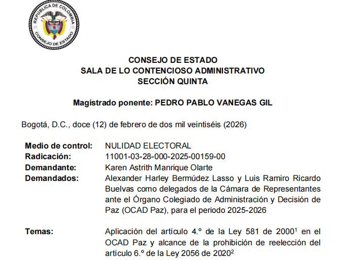 ¿Puede demandarse en nulidad electoral la designación los delegados de la Cámara de Representantes ante el OCAD Paz?

Para el Consejo de Estado: sí

Revisemos esta determinación judicial al hilo ...

Link de la providencia: acortar.link/dBcSGF