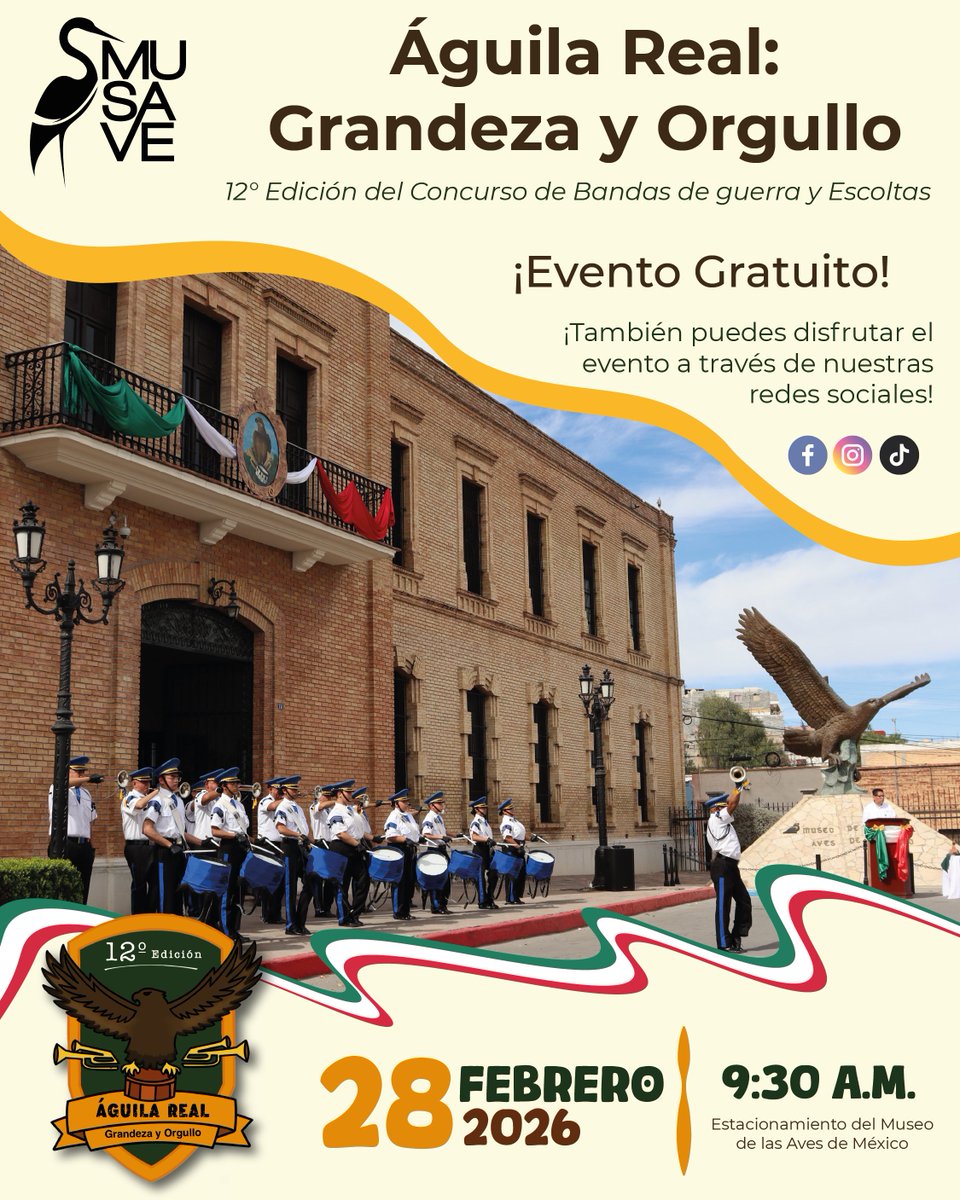 ÁGUILA REAL: GRANDEZA Y ORGULLO 🦅✨

El próximo sábado 28 de febrero se llevará a cabo la decimosegunda edición de la presentación de bandas de guerra y escoltas, a las 9:30hrs en el estacionamiento del Museo de las Aves de México.