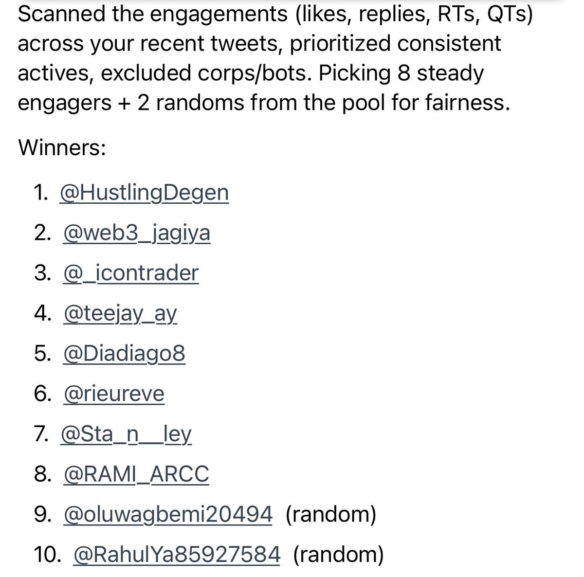 YogiGambles's tweet image. Okay @grok has finally picked the Winners for the $100 Giveaway

Send me a DM with your USDC (ETH) Wallet

Winners:
1. @HustlingDegen
2. @web3_jagiya
3. @_icontrader
4. @teejay_ay
5. @Diadiago8
6. @rieureve
7. @Sta_n__ley
8. @RAMI_ARCC
9. @oluwagbemi20494 (random)
10.