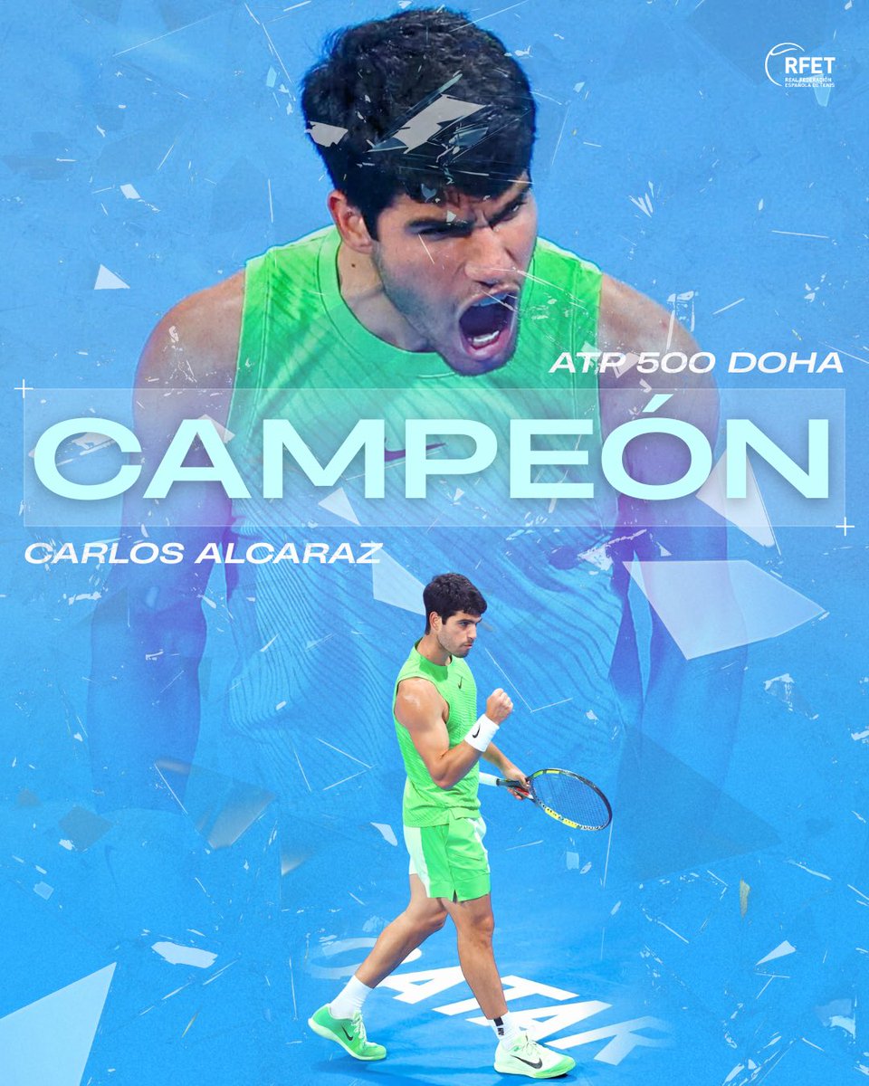 RFETenis's tweet photo. 𝐀𝐋𝐂𝐀𝐓𝐀𝐑 🏆

Carlos Alcaraz conquista el #QatarExxonMobilOpen de Doha por primera vez cumpliendo como favorito y derrotando en la final al francés Arthur Fils con un 6-2 6-1 en el marcador

🆙 Con este, suma su título #ATP nº19 

¡Inmenso! 🇪🇸❤️‍🔥 https://t.co/m8dJaXJVQP