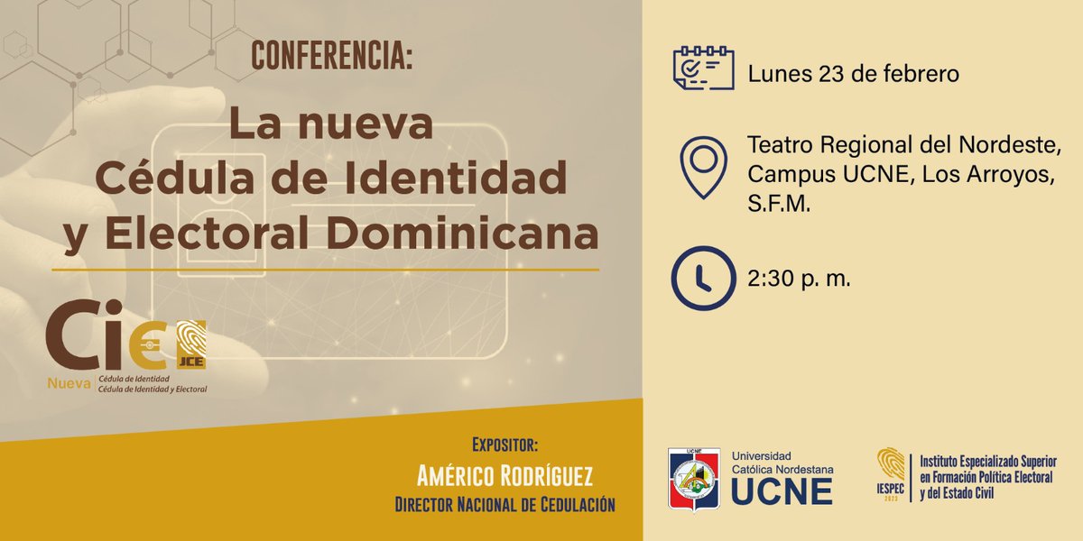 El director Nacional de Cedulación, Américo Rodríguez (<a href="/americorod/">Américo Rodríguez</a>), tendrá a su cargo la conferencia: “La Nueva Cédula de Identidad y Electoral Dominicana”, organizada por el órgano académico  de la #JuntaCentralElectoral (<a href="/iespec/">IESPEC</a>).

Durante la actividad se ofrecerán detalles