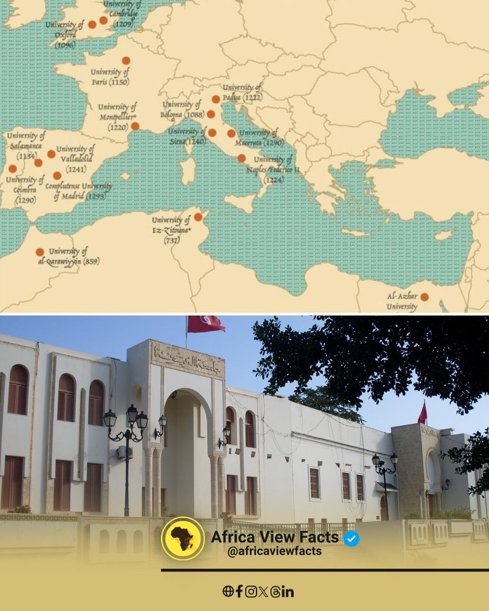 AfricaViewFacts's tweet photo. Three African universities rank among the continent’s oldest institutions still in continuous operation.

1. University of ez-Zetouna, Tunisia 🇹🇳 ( World's Oldest )

2. University of al-Qarawiyyin, Morocco 🇲🇦 (2nd)

3. Al-Azhar University, Egypt 🇪🇬 (3rd)

Source: Oxford University