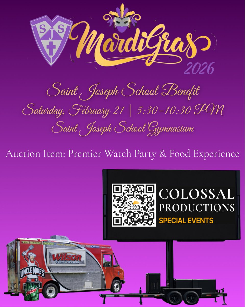 One unforgettable evening. One incredible cause. #ColossalProductions is proud to partner with Uncle Mike’s Food Truck for the Saint Joseph School Mardi Gras Benefit Auction! 💜 One lucky bidder will win a premier LED Watch Party + food experience for 24 guests. #CommunitySupport