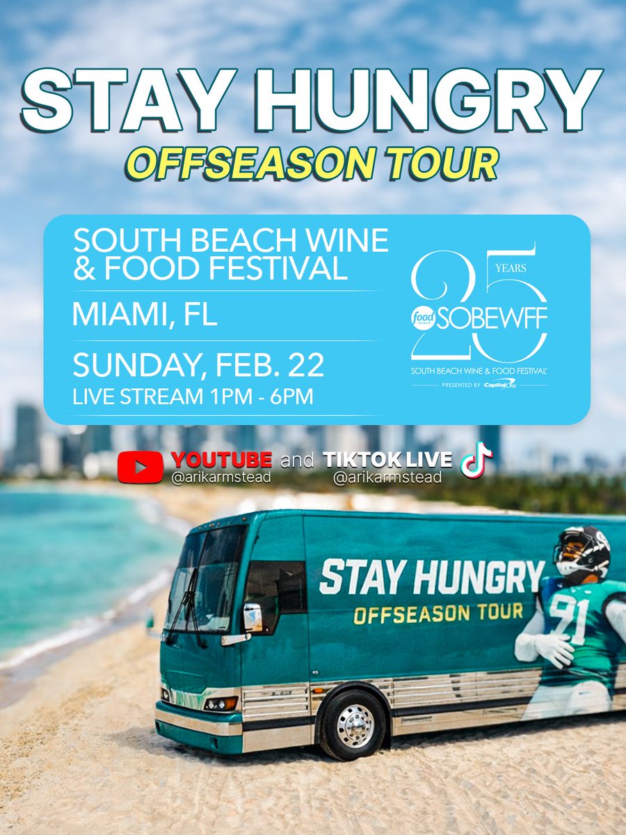 arikarmstead's tweet photo. STAY HUNGRY offseason tour! First stop South Beach Wine &amp; Food Festival @SOBEWFF! Follow along for content all weekend! https://t.co/t6PI9X3tLu