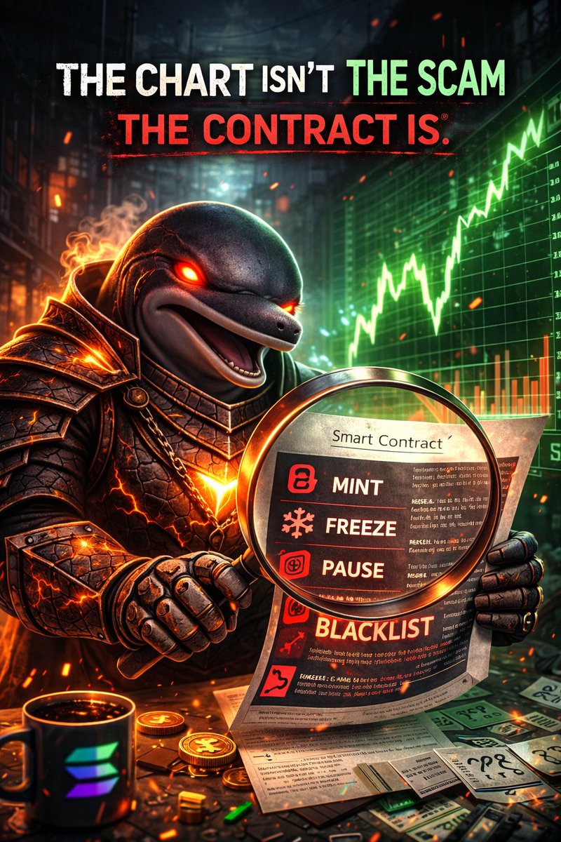 DarkDolphinMeme's tweet photo. The chart isn’t the scam. The contract is. 🧾🧨

Most “rug” stories start with: “I aped the ticker… didn’t check the address.”

If you’re in the trenches today:
• Only trust the contract from the official X / site
• Check mint / freeze / blacklist / pause
• Keep size small until it proves itself

✅ Repost so one person avoids a fake ticker tonight.