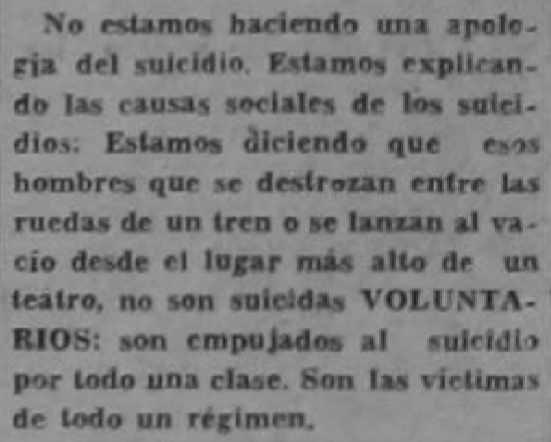 pequeño extracto sobre la ola de suicidios que sacudía al país, publicado en el periódico del partido comunista el 15 de septiembre de 1935