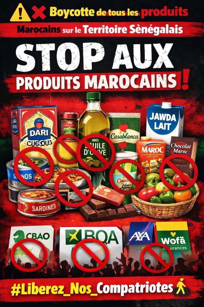🚨Des pays africains lancent une campagne de boycott des produits #marocains  🇲🇦
#BoycottProduitsMarocains #مقاطعة_المنتوجات_المغربية