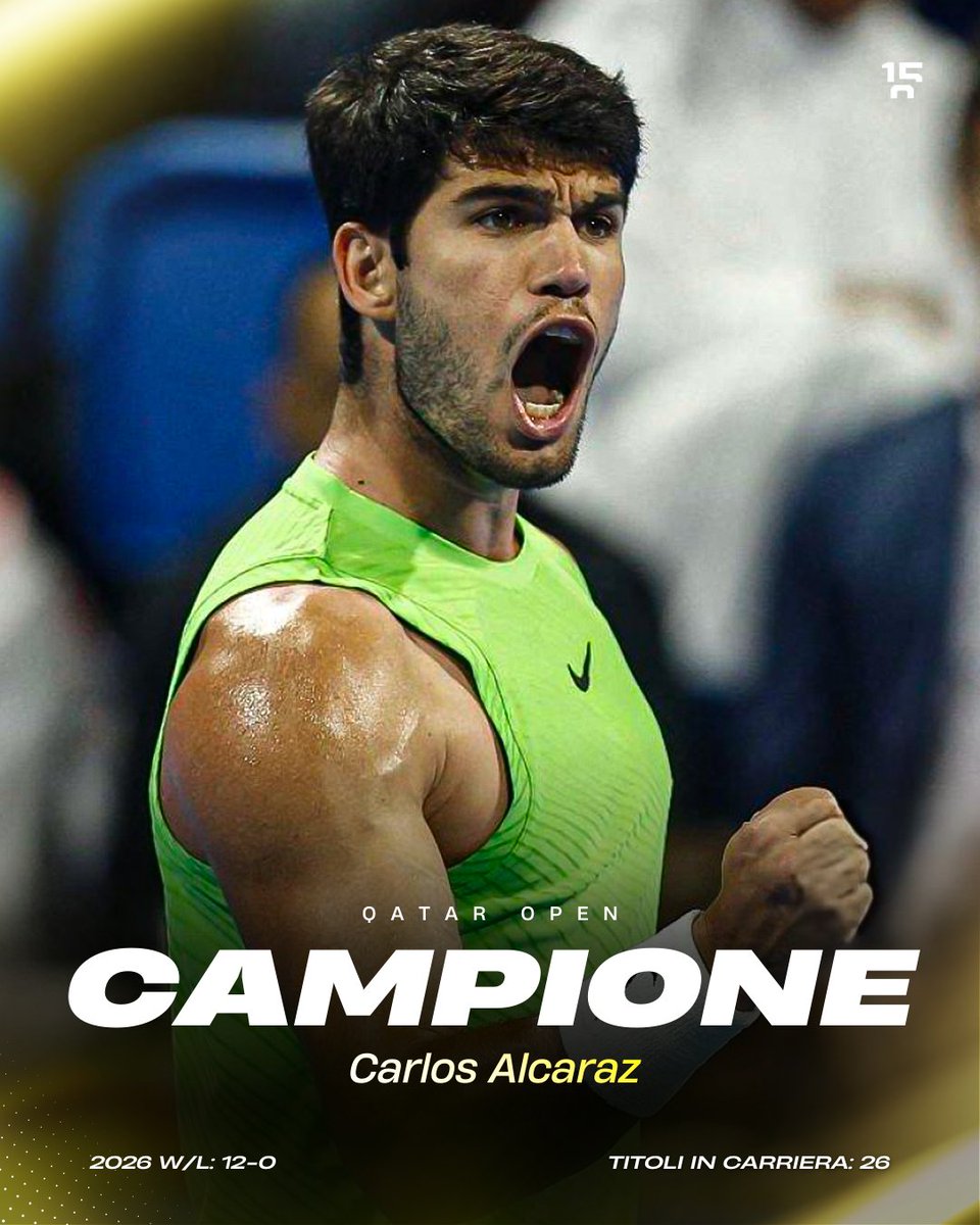 CARLOS ALCARAZ VINCE A DOHA 🏆 

Il numero 1 del mondo porta a casa il 26° titolo in carriera, superando Arthur Fils in finale con il punteggio di 6-2 6-1.

Con questo trionfo, il 9° in un ATP 500 e l'11° su cemento, Alcaraz raggiunge quota 13.550 punti in classifica, portandosi