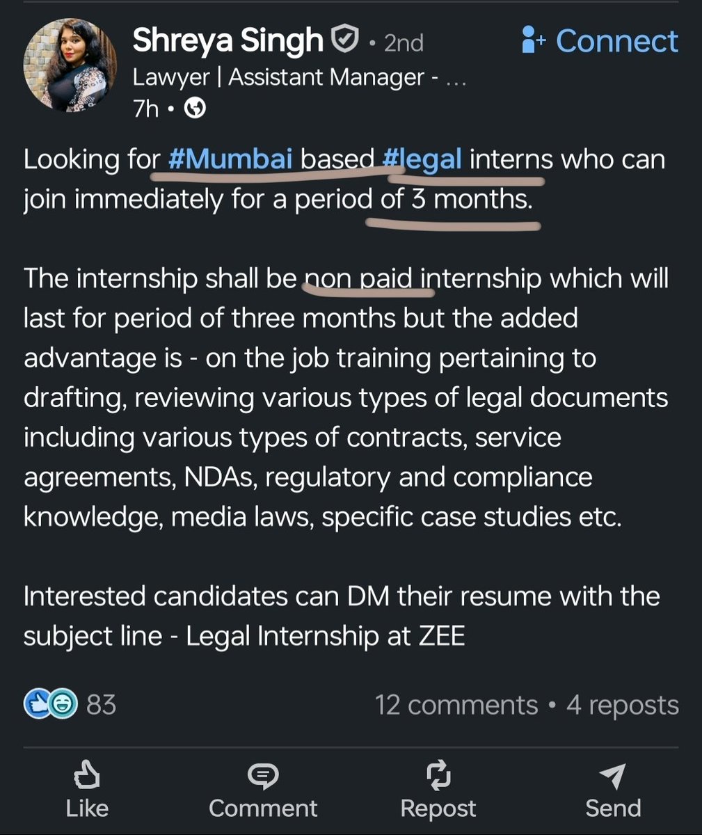 siya_never's tweet photo. @enterprises_zee @punitgoenka seriously? One of the biggest media conglomerates in India and still exploiting students in the name of experience. This is a THREE month, PHYSICAL, UNPAID internship. Sure, the work exposure might be great, but experience doesn't pay bills. https://t.co/qKWsdwr5Qg