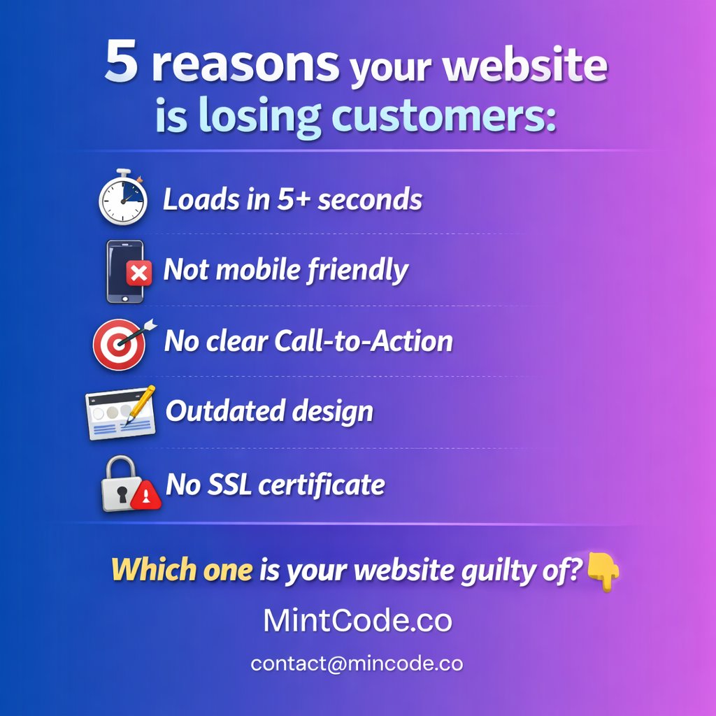 MintCode_CO's tweet photo. Five Reasons Your Website Is Losing Coustomer 👇 https://t.co/S0SM7cc2C2