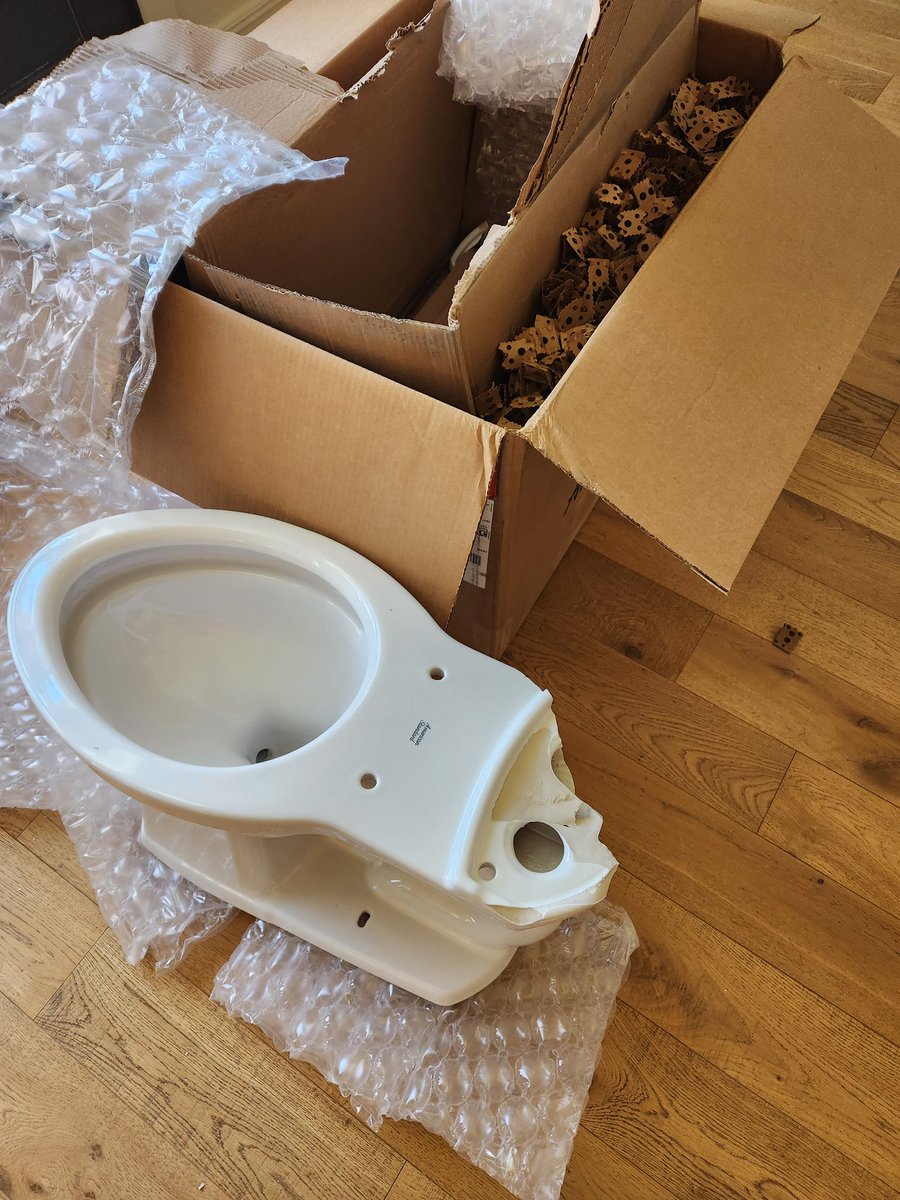 This morning I watched the <a href="/FedEx/">FedEx</a> delivery guy flip an American Standard toilet end-over-end through the yard to our front door. Then looked at me looking at him, ducked his head, and scurried back to the van. 

Good job, dumbass.