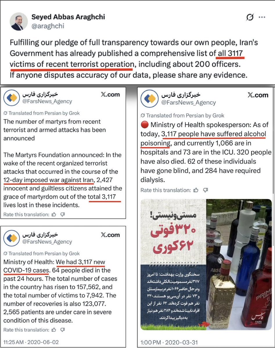 BREAKING: The regime’s Foreign Minister claims exactly 3,117 protesters were killed.

Strangely, 3,117 were also reported killed in the “12-Day War.”

And 3,117 were COVID cases.

And 3,117 died of alcohol poisoning.